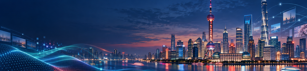 Shanghai skyline and abstract multimedia waves